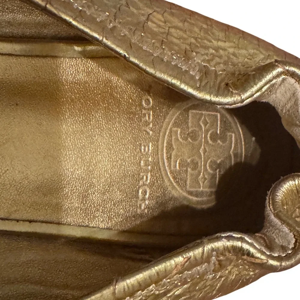 Tory Burch Reva Gold Metallic Fish Scales Ballet Flats Soft Leather Medallion 9M